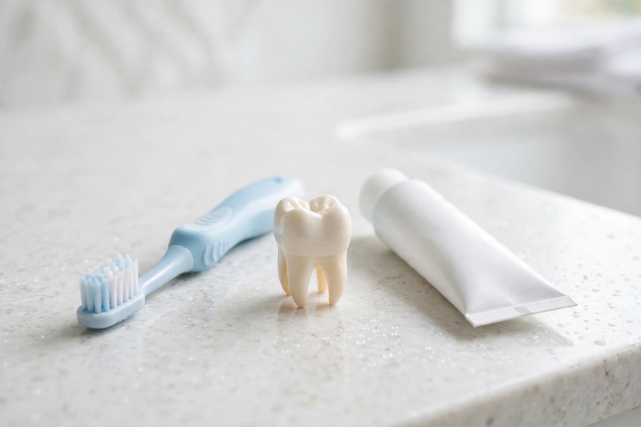 Small toothbrush, tooth model and toothpaste tube for emergency dental help in Utah