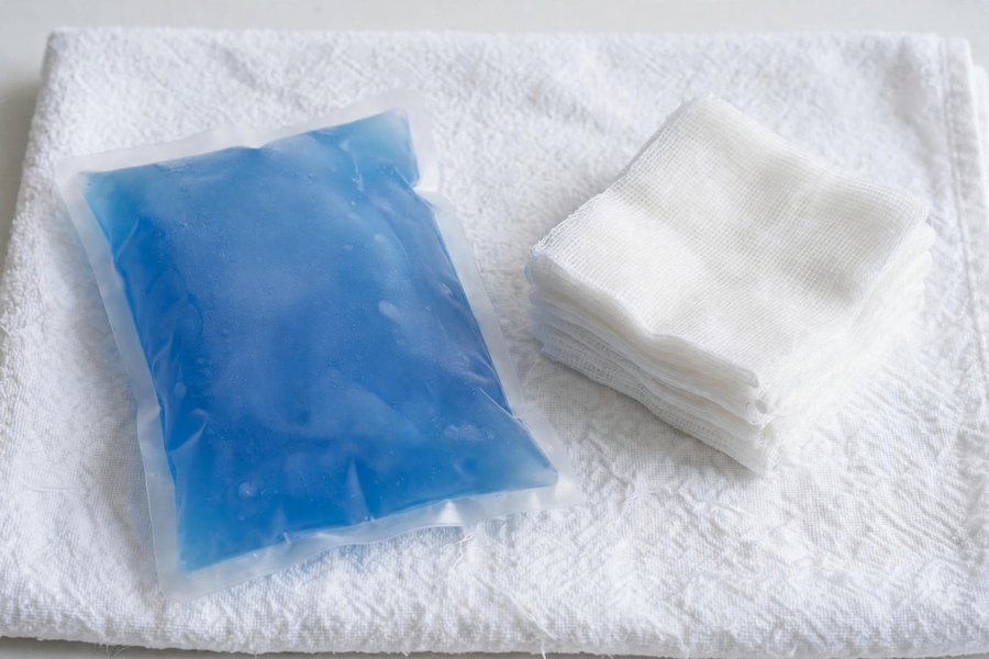 Gel cold pack beside folded gauze pads for Severe Toothache