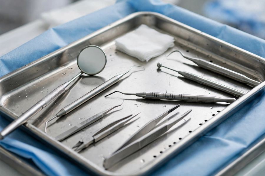Sterile dental instruments arranged on a tray for contacting Emergency Dentist