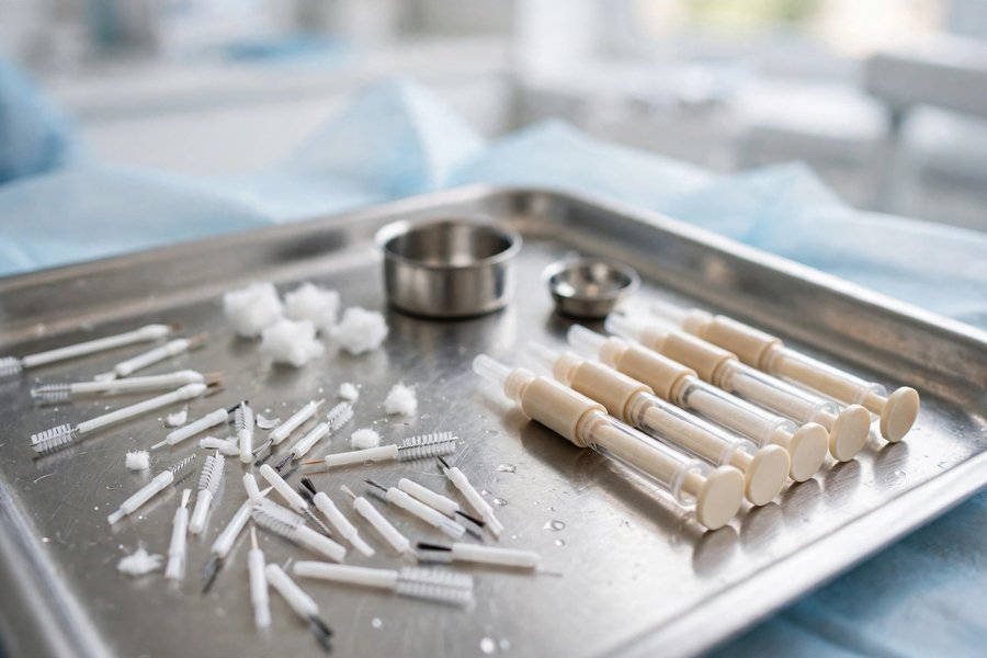 Dental bonding materials on a steel tray for emergency dental help in Alaska
