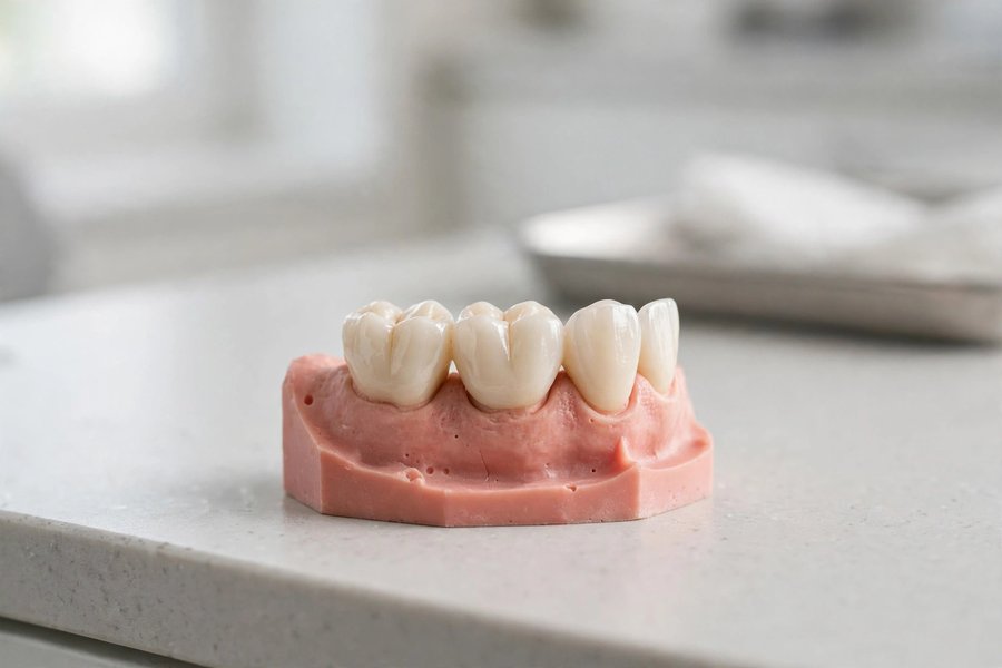Dental bridge model with ceramic crowns for emergency dental help in Kentucky