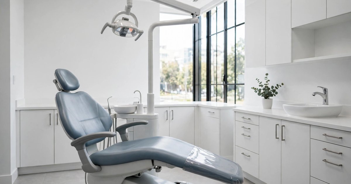 Reclined empty dental chair in a modern treatment room for emergency dental help in Riverside, California