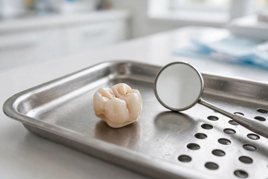 Ceramic dental crown on a steel tray beside a dental mirror for Lost Dental Crown