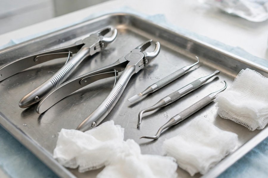 Dental extraction forceps on a tray with gauze for emergency dental help in Oregon
