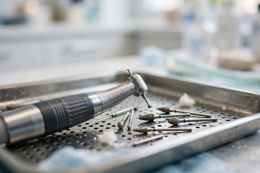 Dental handpiece and burs on a tray for Broken or Fractured Tooth