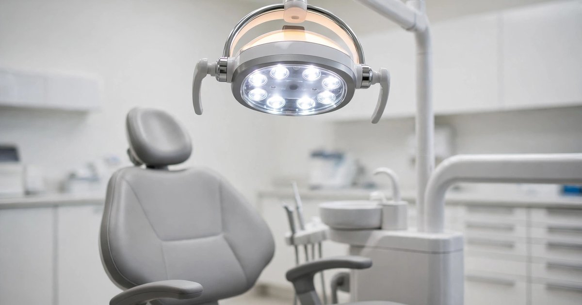 Dental operatory light above an empty dental chair for Emergency Dental Services list
