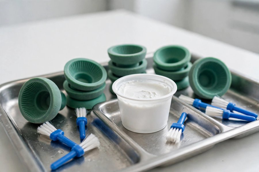 Dental polishing cups and brushes on trays for Tooth Erosion