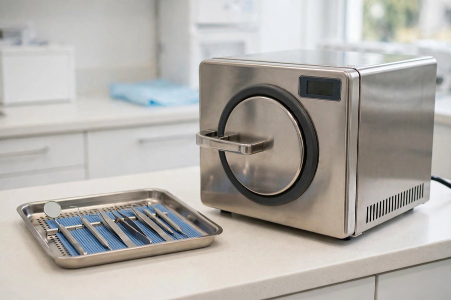 Dental instrument sterilizer beside a tray of instruments for About Emergency Dentist