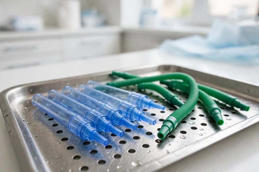 Dental suction tips on a tray for emergency dental help in Massachusetts
