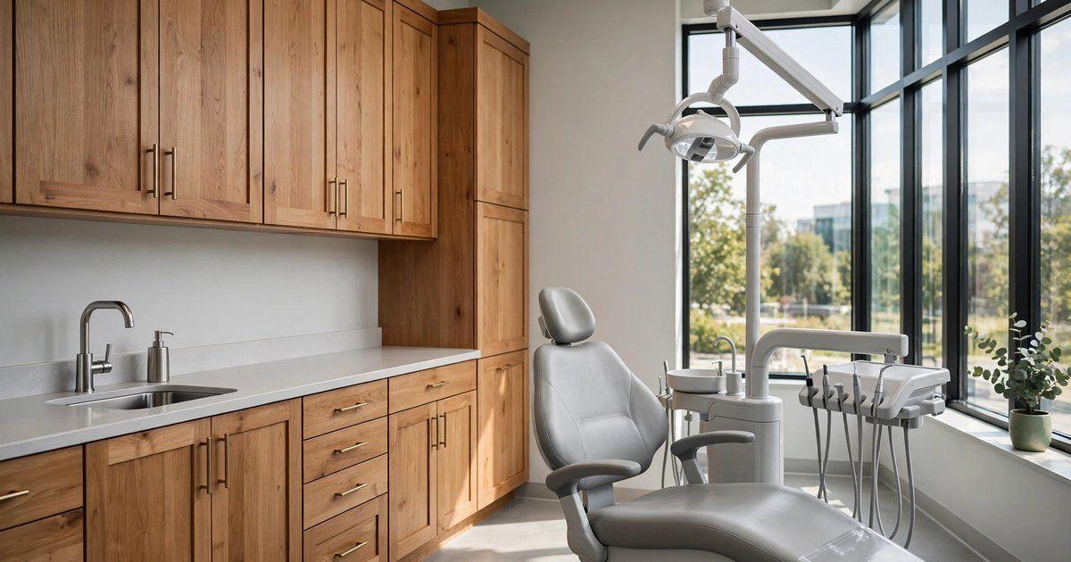 Empty dental treatment room with wooden cabinets and dental chair for emergency dental help in Ohio