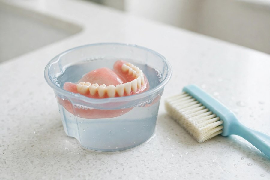 Dentures soaking in a cleaning cup beside a brush for Dentures