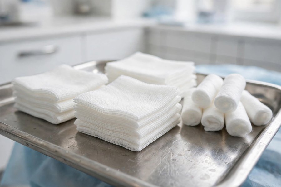 Sterile gauze pads and cotton rolls on a tray for Oral Bleeding