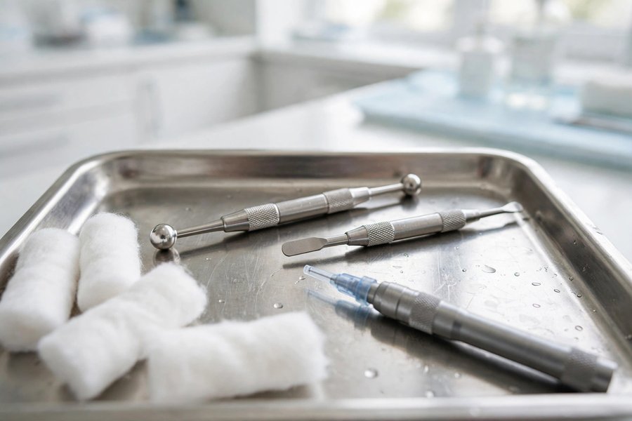 Dental filling instruments on a tray for emergency dental help in Virginia