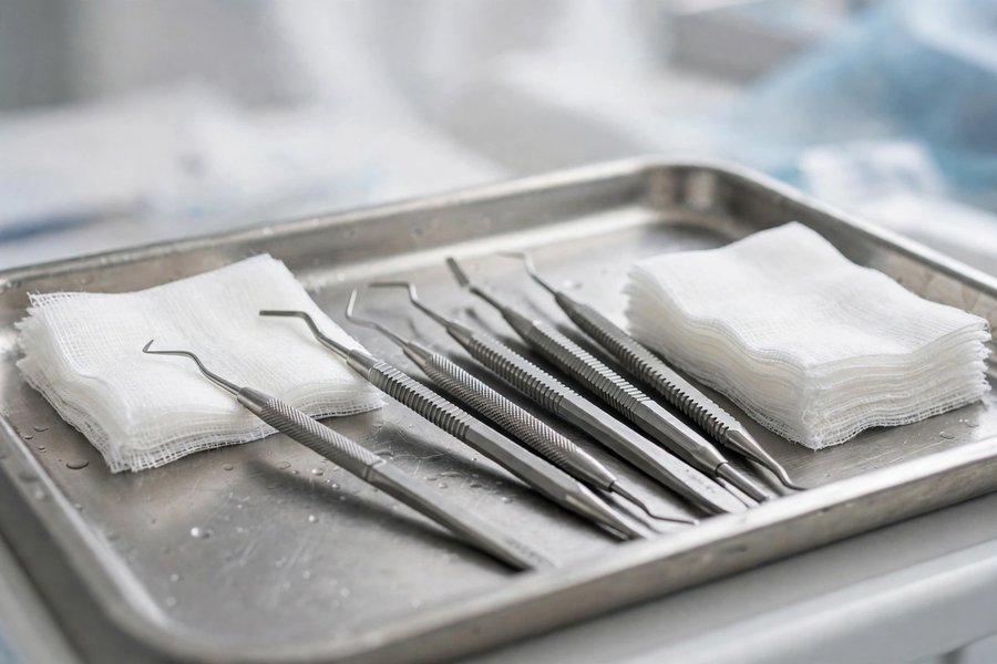 Gum care instruments on a tray with gauze for emergency dental help in Mississippi