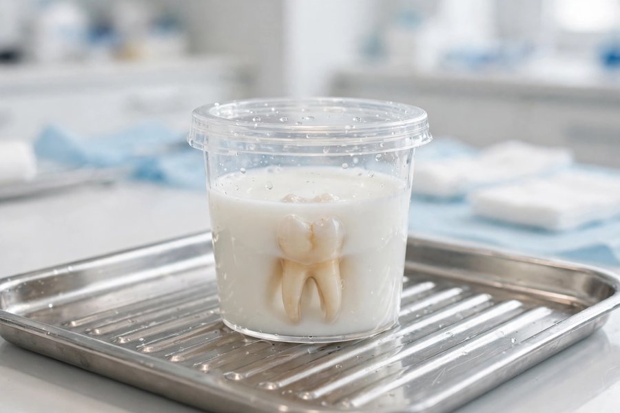Tooth kept in a small container of milk on a tray for Fully Dislodged Tooth