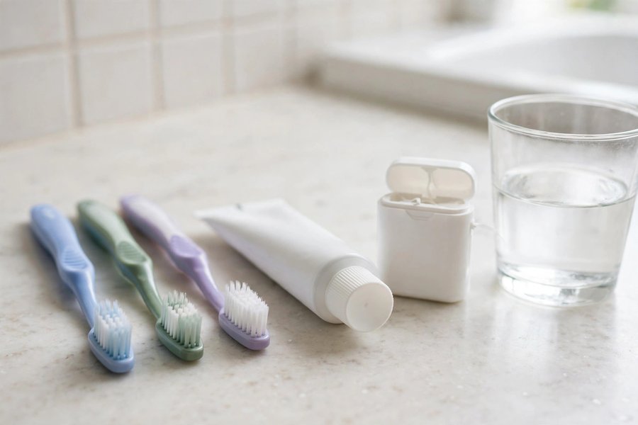Toothbrushes, toothpaste and floss on a counter for the Emergency Dentist blog