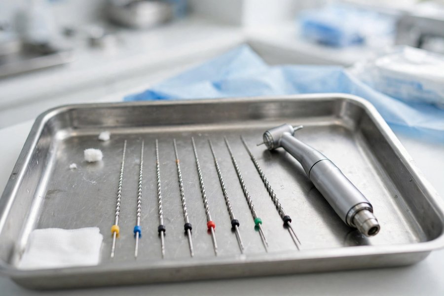 Root canal instruments arranged on a sterile tray for Tooth Abscess
