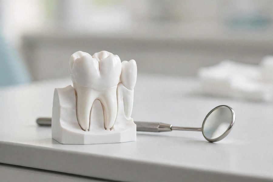 Anatomical tooth model beside a dental mirror for emergency dental help in Delaware