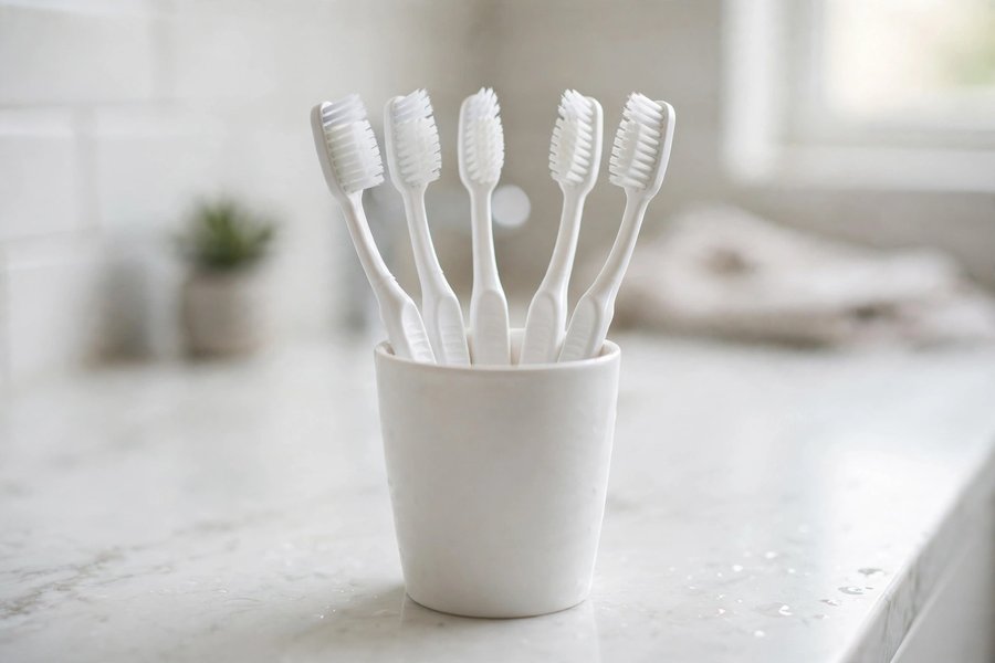 Toothbrushes standing in a white cup for emergency dental help in Ohio