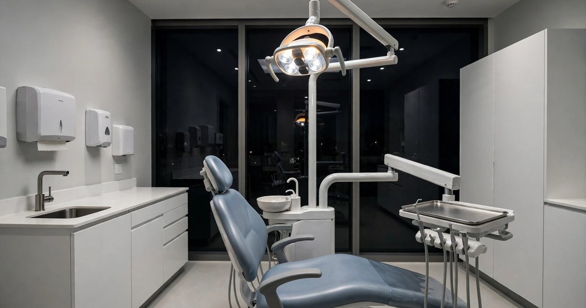 Empty dental treatment room at night with lit dental chair for emergency dental help in Fargo, North Dakota